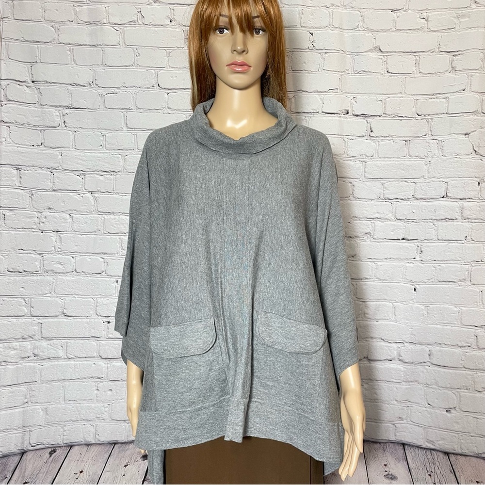 Tarnish Grey Knit Mock Neck Front Pockets Cotton Viscose Poncho One Size